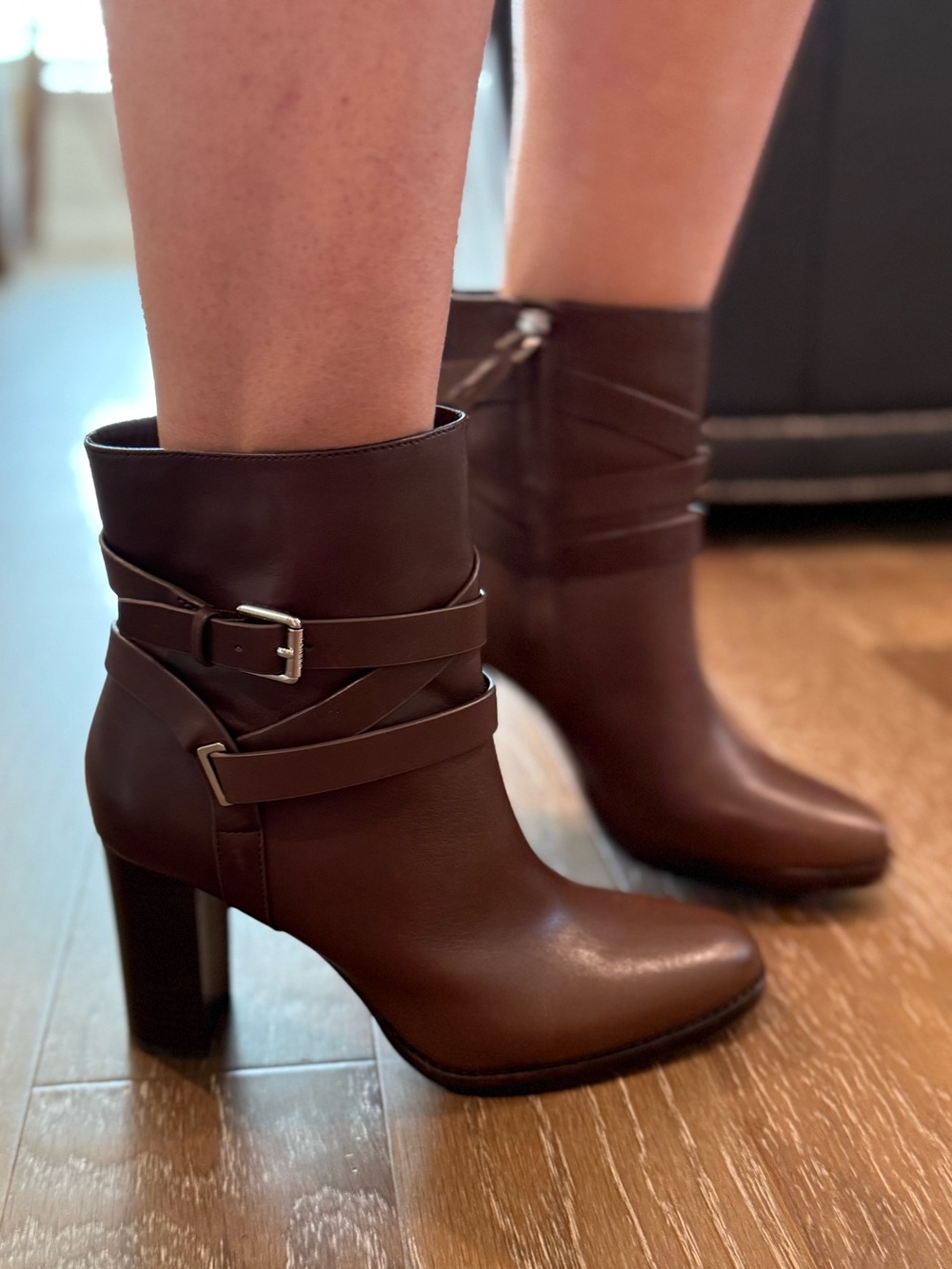 Ralph Lauren Dark Brown Leather Buckle Strap Ankle Boots Anti Slip sole
